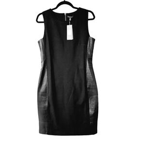 New $448 Eileen Fisher Black Viscose Stretch Ponte with Leather Mini Dress Sz 8